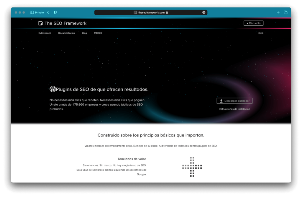 Uso el complemento técnico The SEO Framework para atraer clientes en todos los sitios del Estudio.